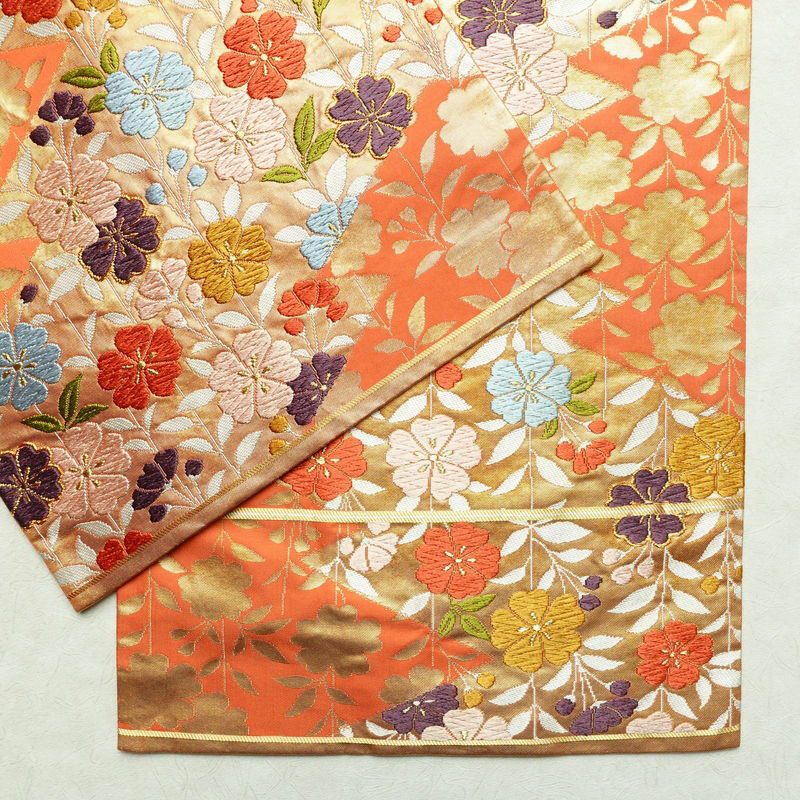 袋帯 六通柄 振袖用 正絹 花柄 桜 箔 金糸 帯 橙_画像13