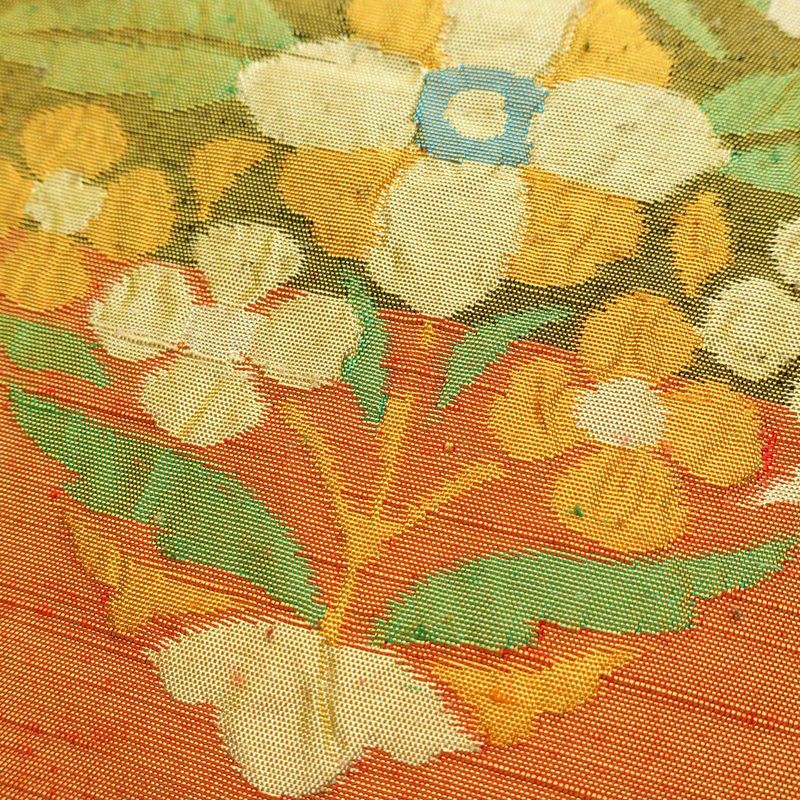 名古屋帯 ふくれ織 六通柄 良品 正絹 花柄 名古屋仕立て 帯 橙_画像3