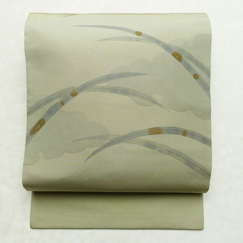 名古屋帯 太鼓柄 良品 正絹 古典柄 名古屋仕立て 帯 くすみグリーン 緑・うぐいす色_画像1