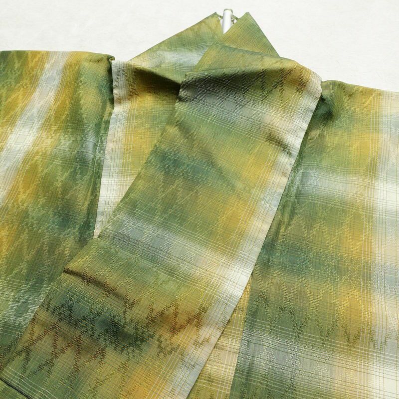 紬 正絹 縞柄・線柄 袷仕立て 身丈154cm 裄丈63cm 着物 緑・うぐいす色_画像15