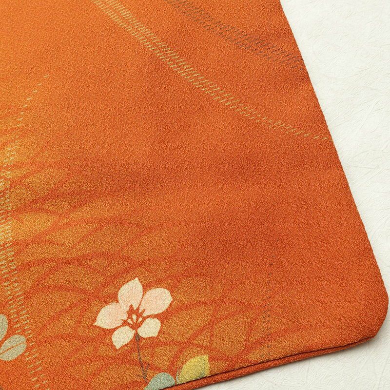 小紋 ポリエステル 木の葉・植物柄 袷仕立て 身丈163.5cm 裄丈65cm 橙_画像13