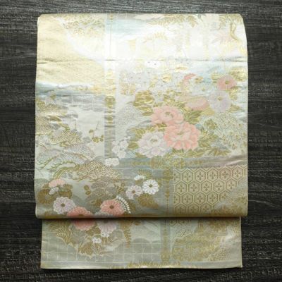 袋帯 六通柄 フォーマル用 正絹 古典柄 箔 鶴 梅 菊 金糸 帯 金・銀