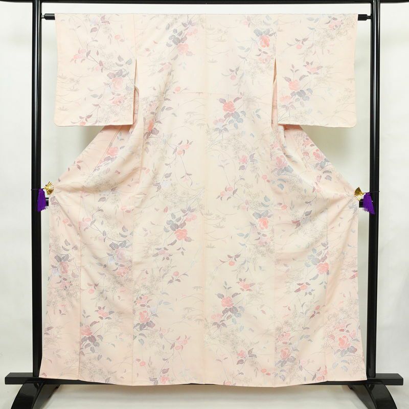 小紋 美品 しつけ糸付き 縮緬 正絹 花柄 袷仕立て 身丈159.5cm 裄丈63cm 着物 ピンク_画像1