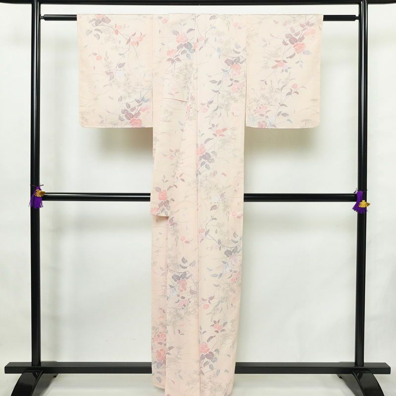 小紋 美品 しつけ糸付き 縮緬 正絹 花柄 袷仕立て 身丈159.5cm 裄丈63cm 着物 ピンク_画像2