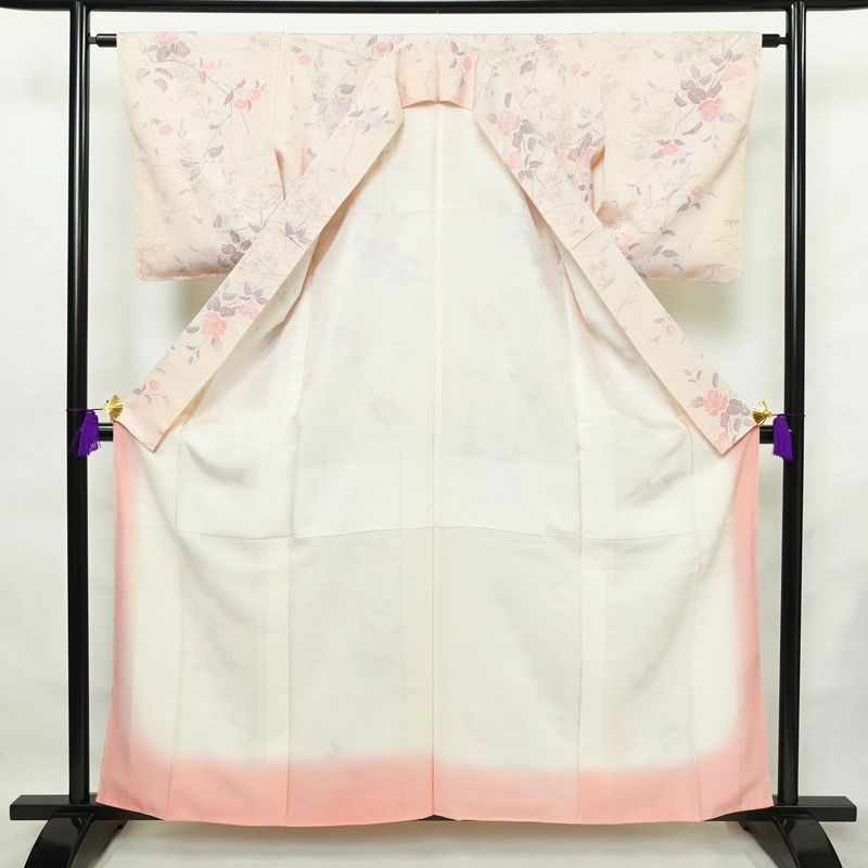 小紋 美品 しつけ糸付き 縮緬 正絹 花柄 袷仕立て 身丈159.5cm 裄丈63cm 着物 ピンク_画像3