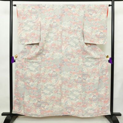 小紋 しつけ糸付き 縮緬 総柄 正絹 古典柄 袷仕立て 身丈159cm 裄丈64cm 着物 白