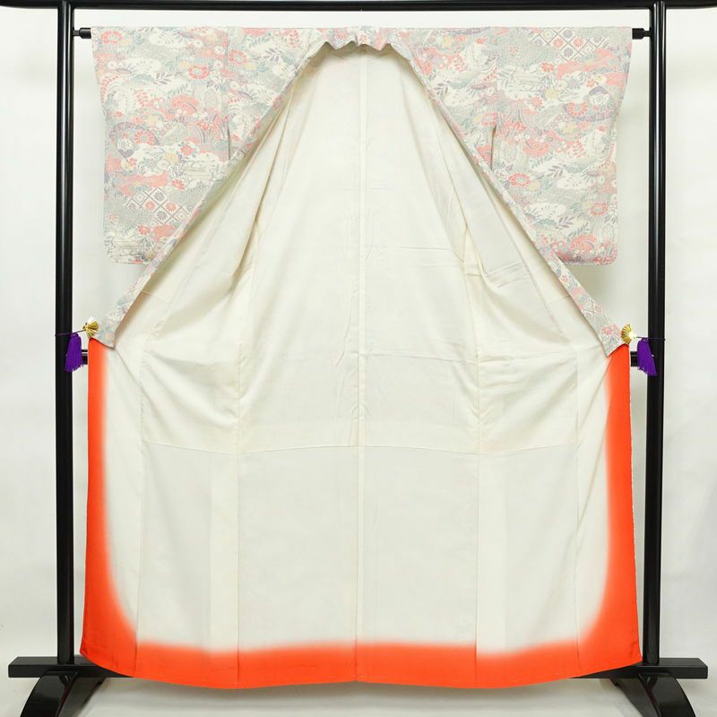 小紋 しつけ糸付き 縮緬 総柄 正絹 古典柄 袷仕立て 身丈159cm 裄丈64cm 着物 白_画像3