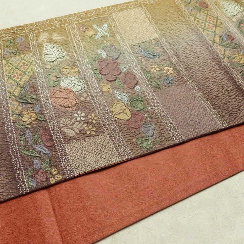 袋帯 纈幡織 辻が花 六通柄 良品 フォーマル用 正絹 木の葉・植物柄 箔 帯 多色使い_画像11