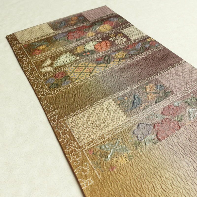 袋帯 纈幡織 辻が花 六通柄 良品 フォーマル用 正絹 木の葉・植物柄 箔 帯 多色使い_画像17