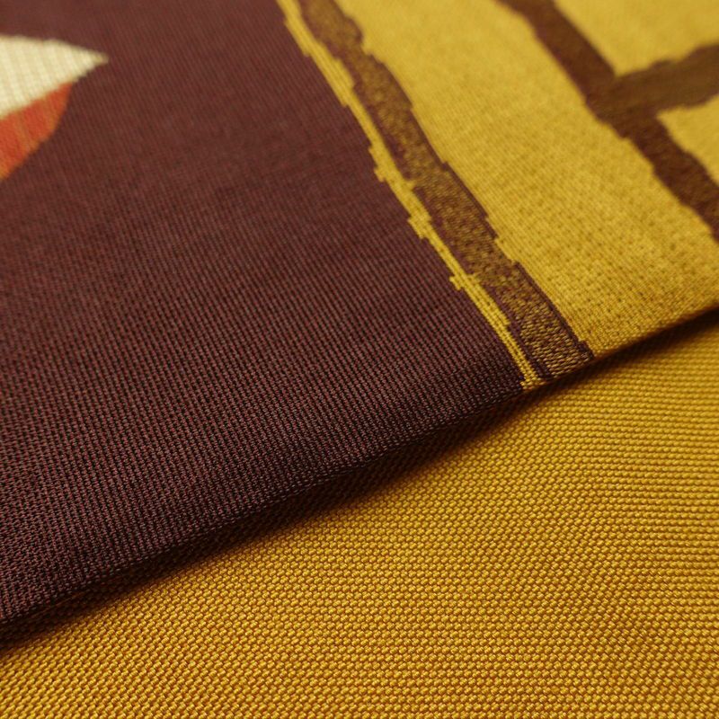 袋帯 六通柄 美品 一般用 正絹 木の葉・植物柄 帯 葉っぱ 黄・黄土色_画像12