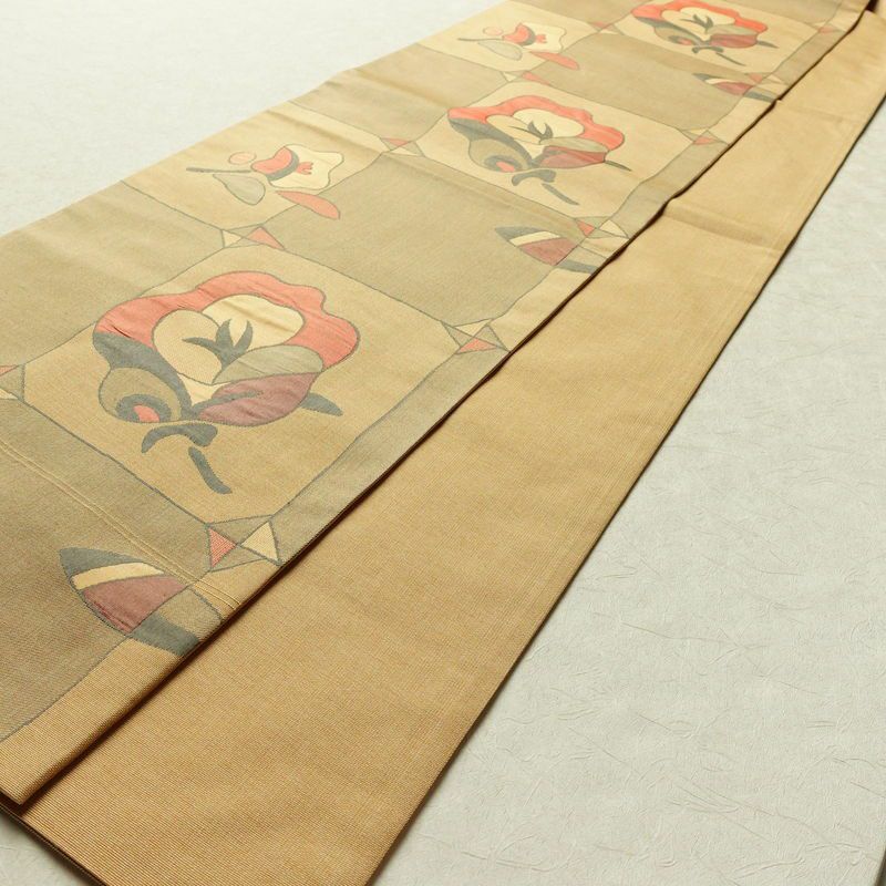 袋帯 明日香 六通柄 良品 一般用 正絹 花柄 帯 ベージュ_画像8