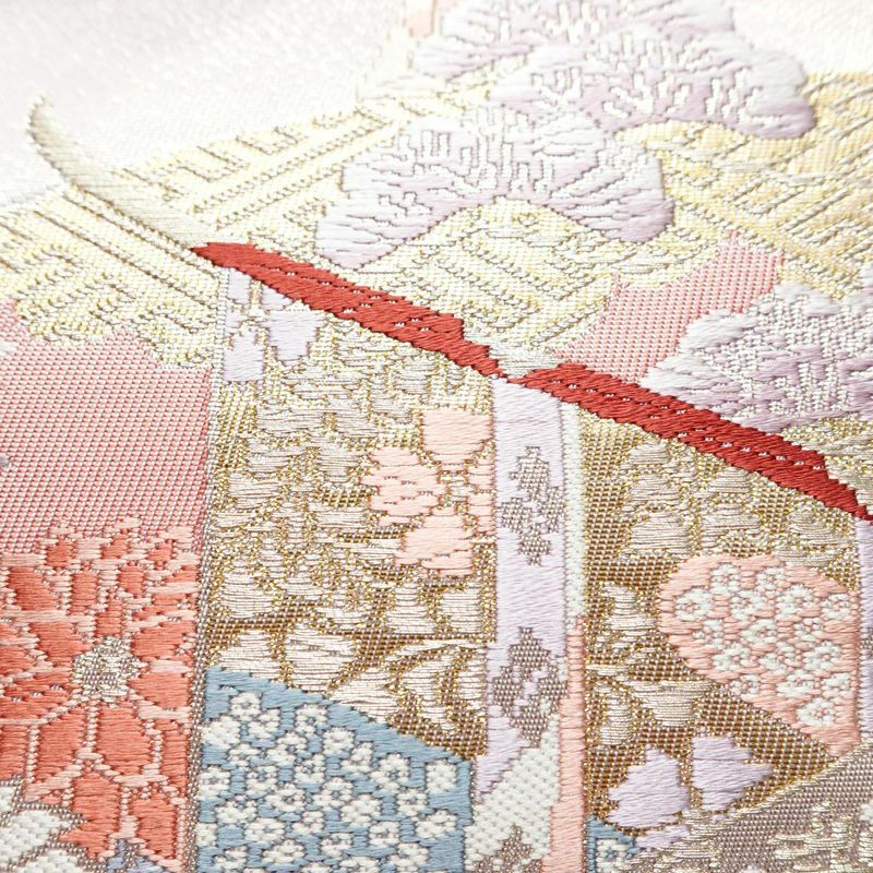 名古屋帯 太鼓柄 良品 正絹 古典柄 名古屋仕立て 箔 つづみ 菊 金糸 紫・藤色_画像4