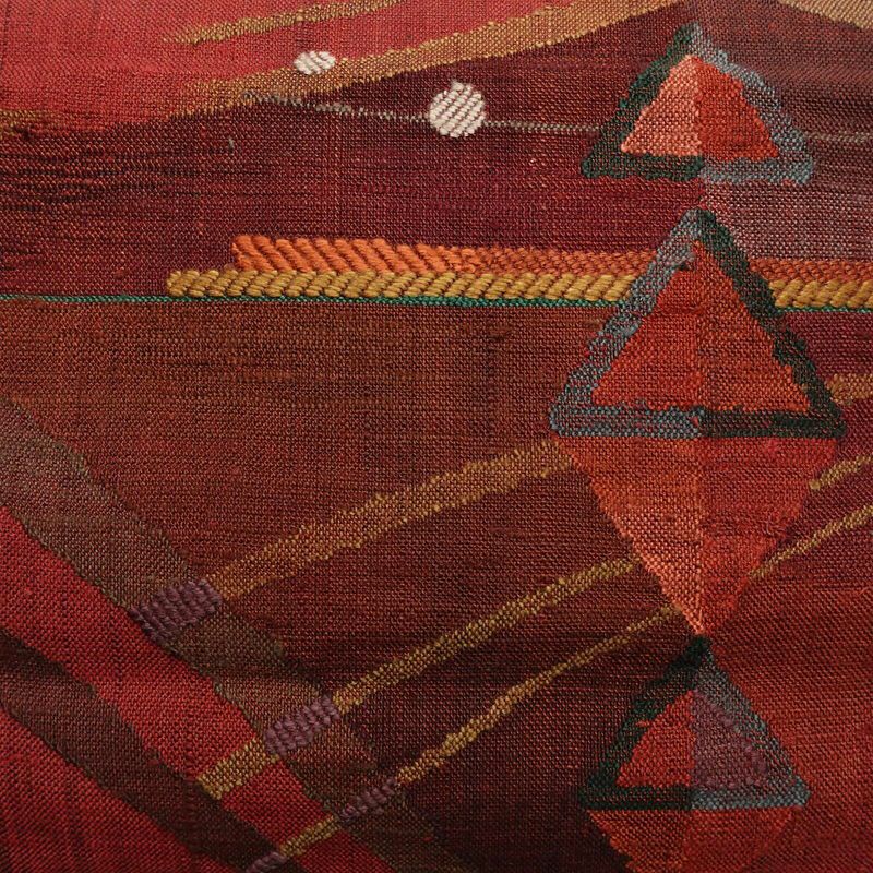 名古屋帯 太鼓柄 良品 正絹 幾何学柄・抽象柄 松葉仕立て 帯 小豆・エンジ_画像2