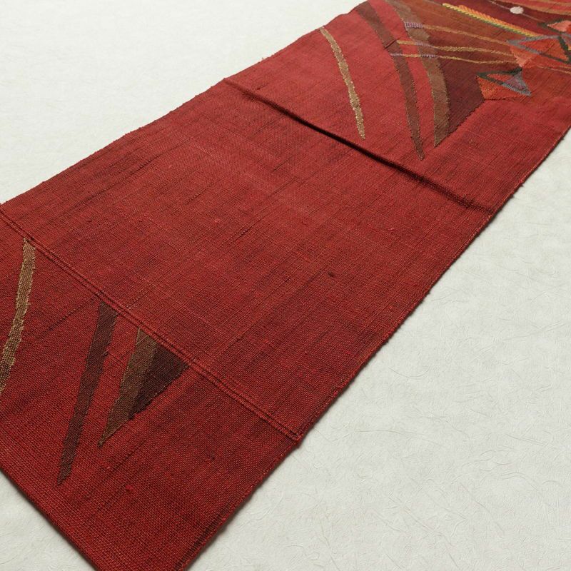 名古屋帯 太鼓柄 良品 正絹 幾何学柄・抽象柄 松葉仕立て 帯 小豆・エンジ_画像8