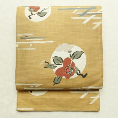 袋帯 六通柄 良品 一般用 正絹 花柄 帯 黄・黄土色