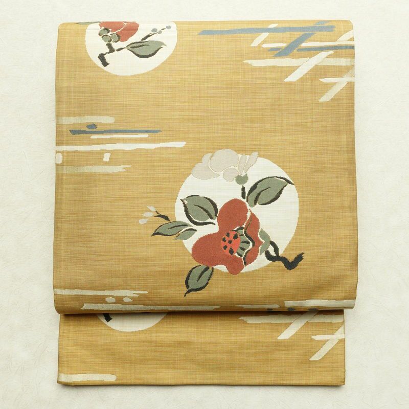 袋帯 六通柄 良品 一般用 正絹 花柄 帯 黄・黄土色_画像1