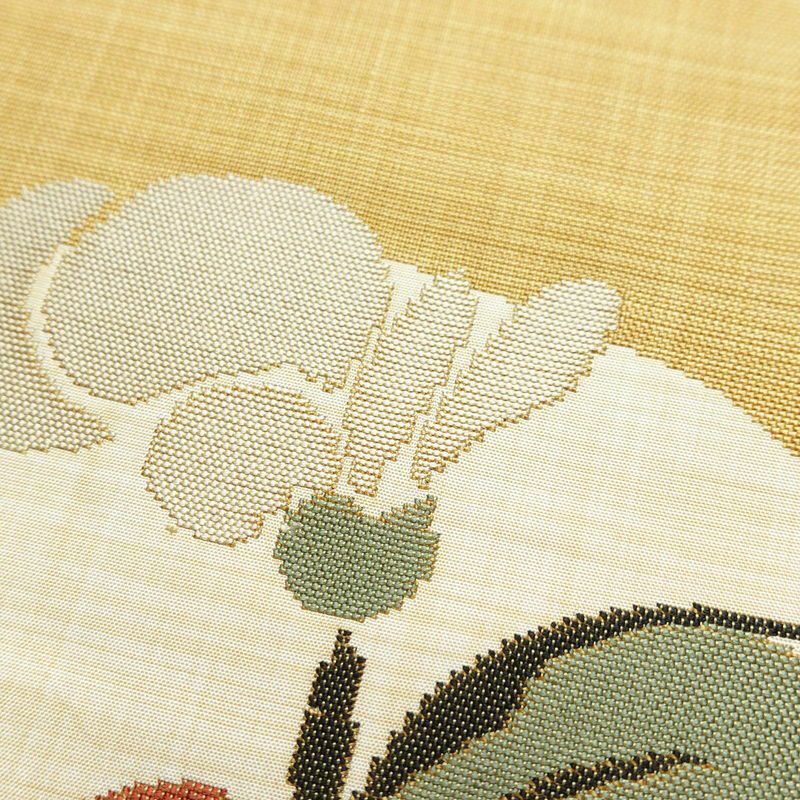 袋帯 六通柄 良品 一般用 正絹 花柄 帯 黄・黄土色_画像6