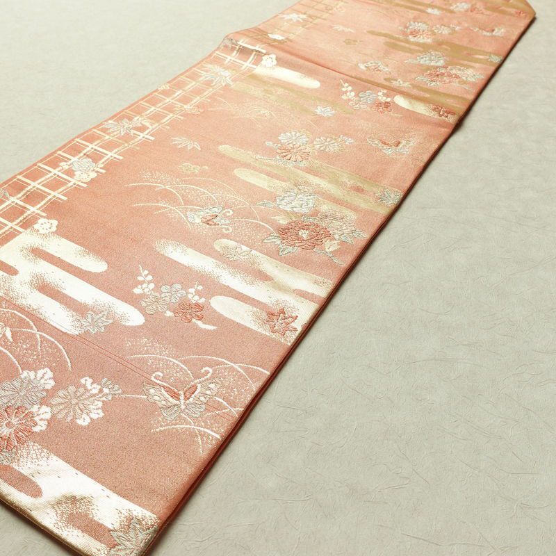 名古屋帯 六通柄 正絹 古典柄 名古屋仕立て 箔 帯 ピンク_画像8