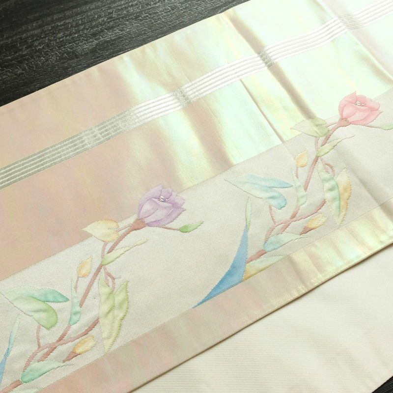 袋帯 太鼓柄 オーロラ箔 フォーマル用 正絹 花柄 箔 銀糸 ピンク_画像9