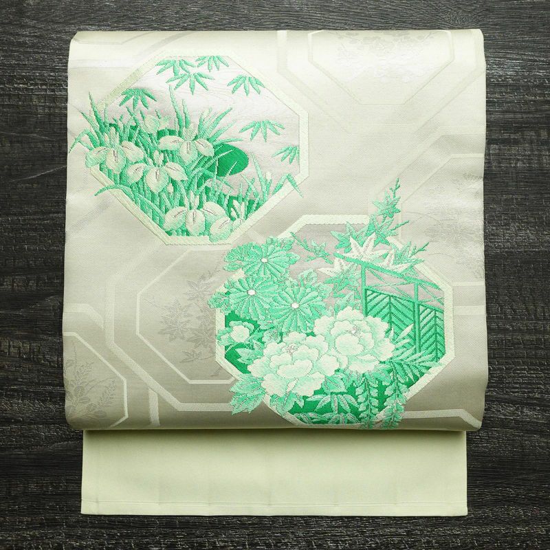 名古屋帯 太鼓柄 良品 しつけ糸付き 正絹 古典柄 名古屋仕立て 銀糸 帯 緑・うぐいす色_画像1