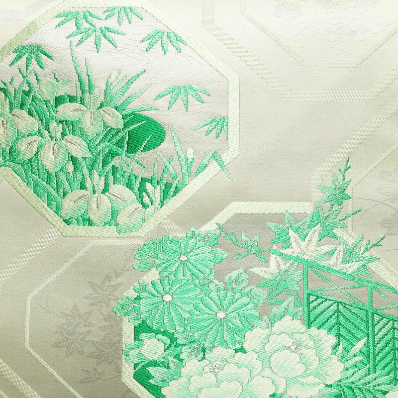 名古屋帯 太鼓柄 良品 しつけ糸付き 正絹 古典柄 名古屋仕立て 銀糸 帯 緑・うぐいす色_画像2