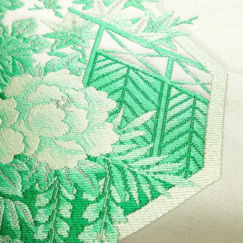 名古屋帯 太鼓柄 良品 しつけ糸付き 正絹 古典柄 名古屋仕立て 銀糸 帯 緑・うぐいす色_画像3