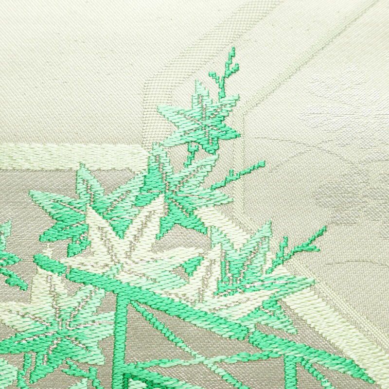 名古屋帯 太鼓柄 良品 しつけ糸付き 正絹 古典柄 名古屋仕立て 銀糸 帯 緑・うぐいす色_画像4