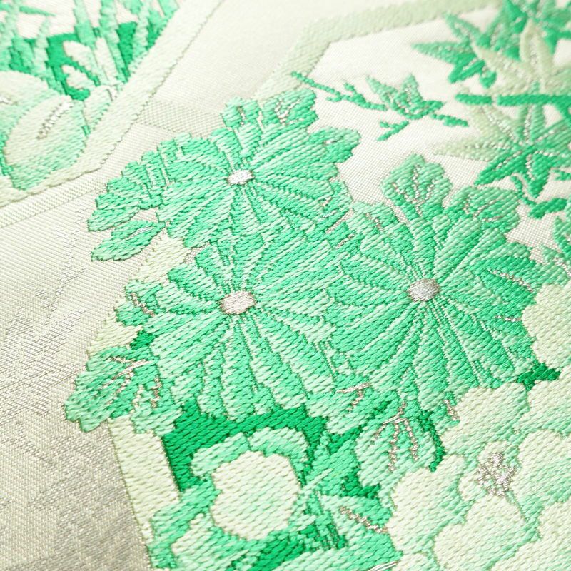 名古屋帯 太鼓柄 良品 しつけ糸付き 正絹 古典柄 名古屋仕立て 銀糸 帯 緑・うぐいす色_画像5