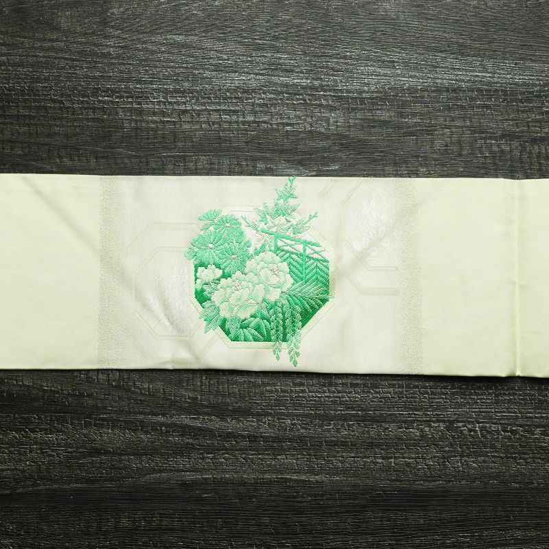 名古屋帯 太鼓柄 良品 しつけ糸付き 正絹 古典柄 名古屋仕立て 銀糸 帯 緑・うぐいす色_画像14