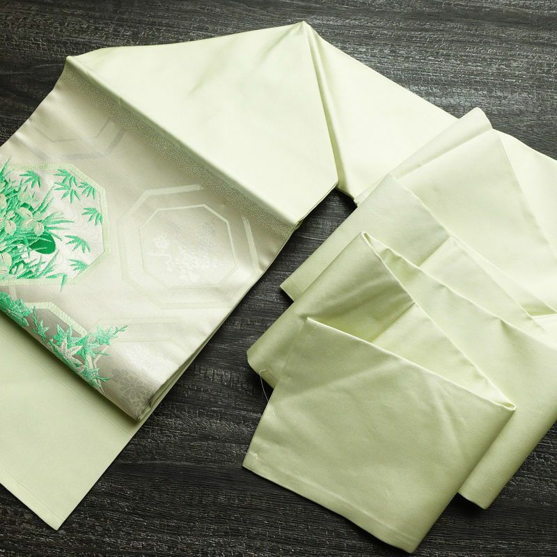 名古屋帯 太鼓柄 良品 しつけ糸付き 正絹 古典柄 名古屋仕立て 銀糸 帯 緑・うぐいす色_画像16