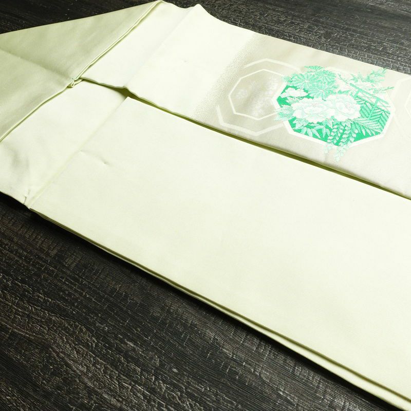 名古屋帯 太鼓柄 良品 しつけ糸付き 正絹 古典柄 名古屋仕立て 銀糸 帯 緑・うぐいす色_画像20