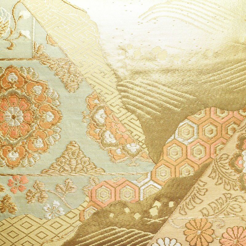 袋帯 六通柄 フォーマル用 正絹 幾何学柄・抽象柄 箔 帯 黄・黄土色_画像2