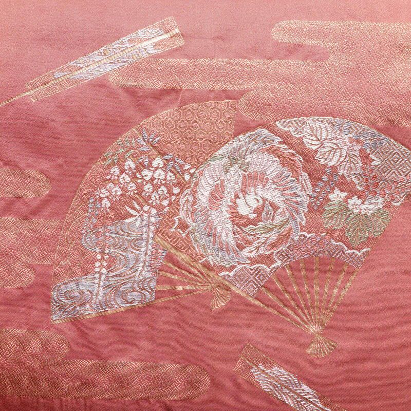名古屋帯 太鼓柄 良品 ポリエステル 古典柄 名古屋仕立て 金糸 帯 扇子 ピンク_画像2
