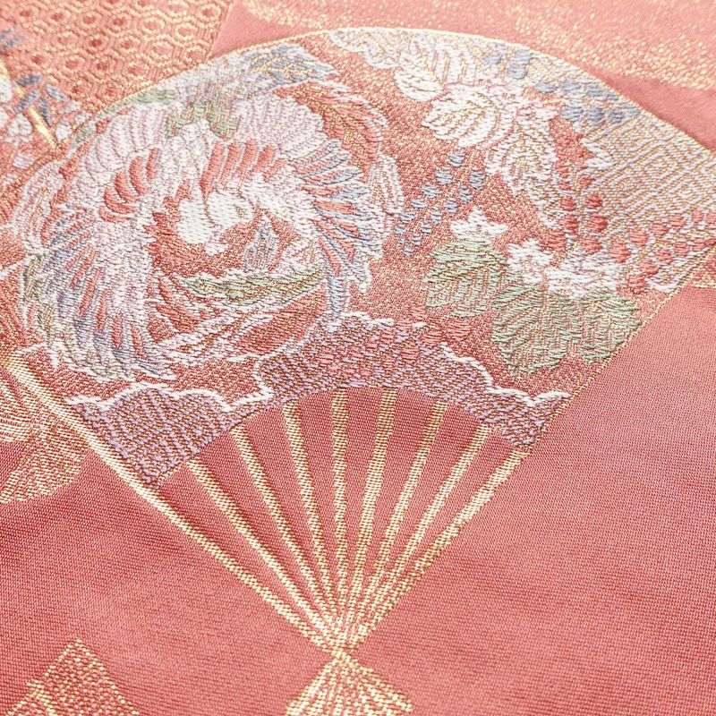 名古屋帯 太鼓柄 良品 ポリエステル 古典柄 名古屋仕立て 金糸 帯 扇子 ピンク_画像3