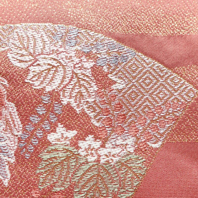名古屋帯 太鼓柄 良品 ポリエステル 古典柄 名古屋仕立て 金糸 帯 扇子 ピンク_画像4