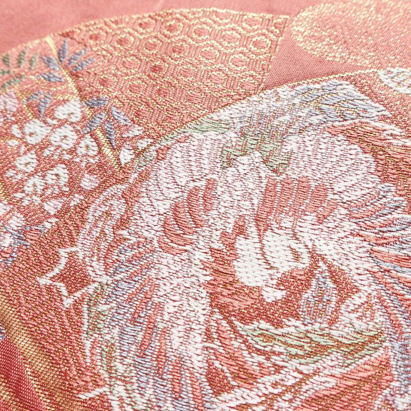 名古屋帯 太鼓柄 良品 ポリエステル 古典柄 名古屋仕立て 金糸 帯 扇子 ピンク_画像5