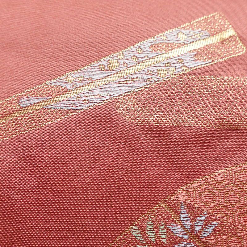 名古屋帯 太鼓柄 良品 ポリエステル 古典柄 名古屋仕立て 金糸 帯 扇子 ピンク_画像6