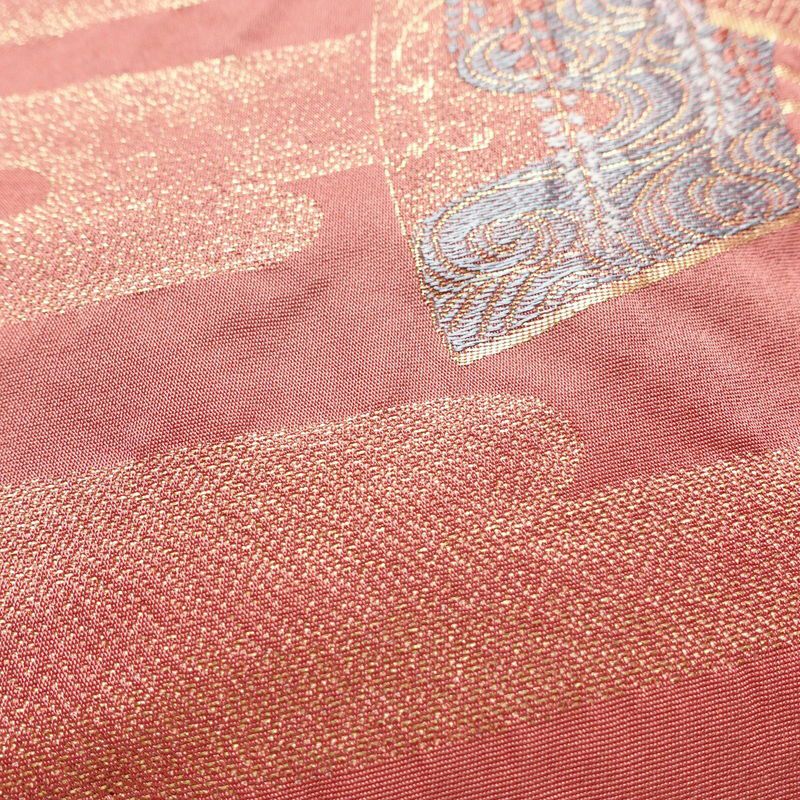 名古屋帯 太鼓柄 良品 ポリエステル 古典柄 名古屋仕立て 金糸 帯 扇子 ピンク_画像7