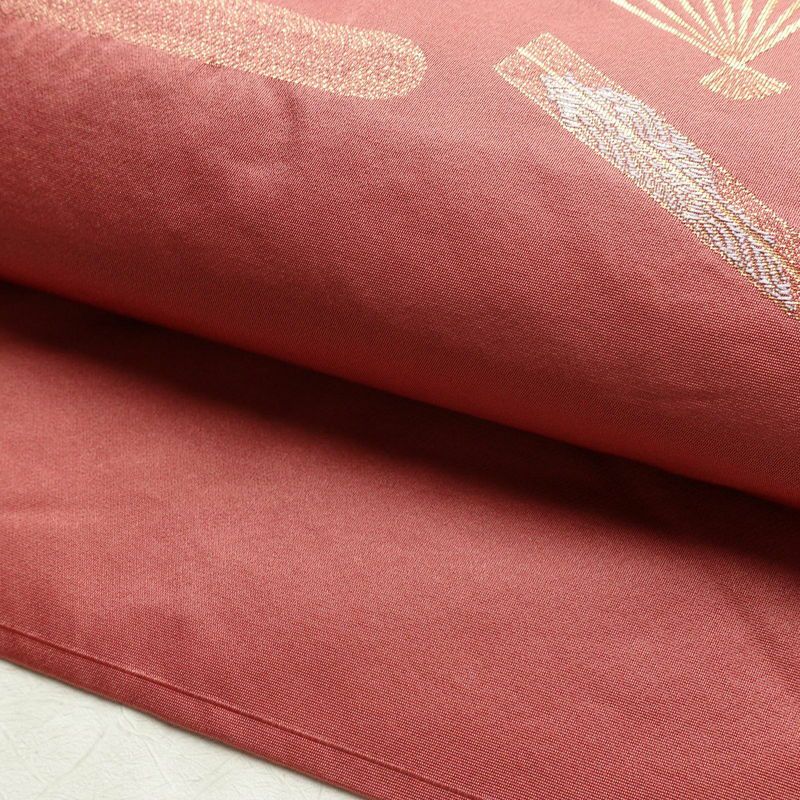 名古屋帯 太鼓柄 良品 ポリエステル 古典柄 名古屋仕立て 金糸 帯 扇子 ピンク_画像8