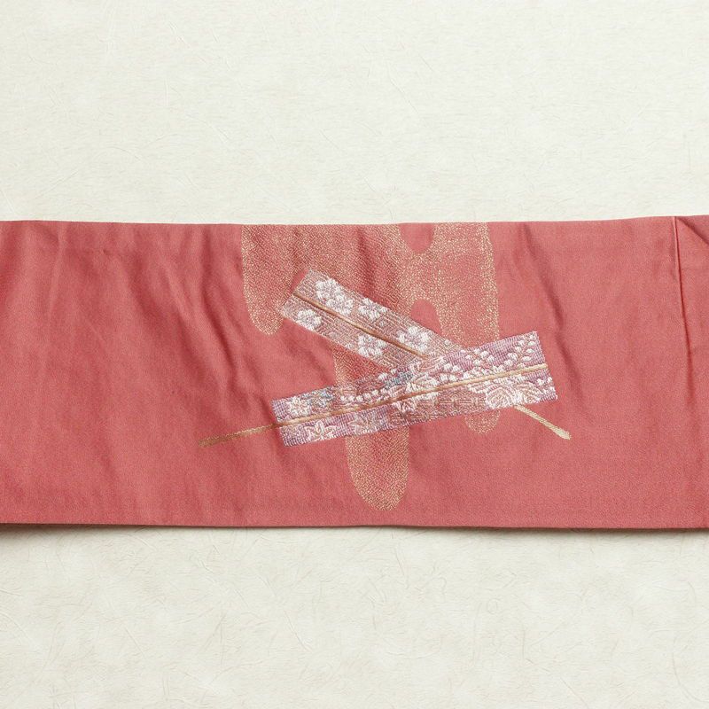 名古屋帯 太鼓柄 良品 ポリエステル 古典柄 名古屋仕立て 金糸 帯 扇子 ピンク_画像13