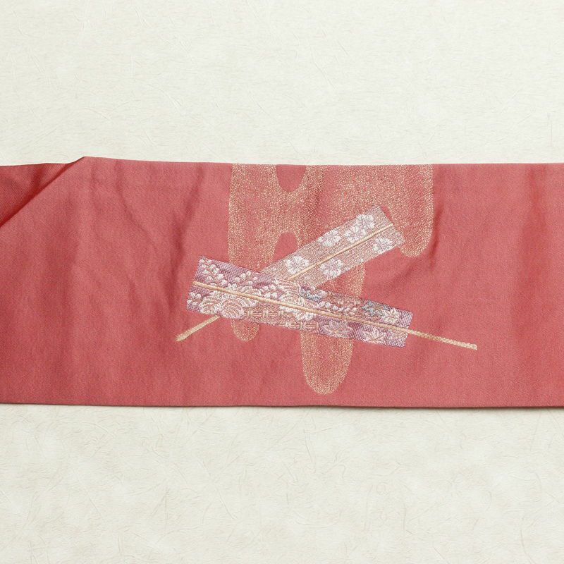 名古屋帯 太鼓柄 良品 ポリエステル 古典柄 名古屋仕立て 金糸 帯 扇子 ピンク_画像14