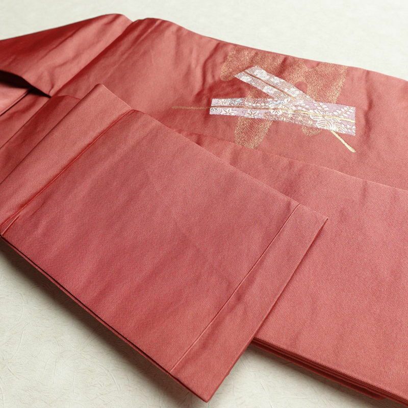 名古屋帯 太鼓柄 良品 ポリエステル 古典柄 名古屋仕立て 金糸 帯 扇子 ピンク_画像21