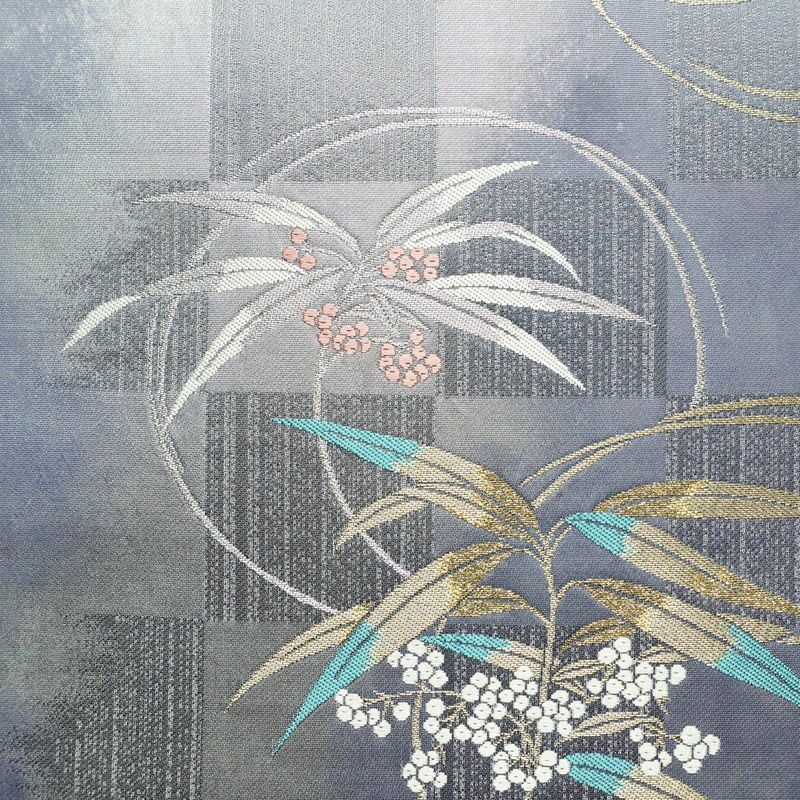 袋帯 六通柄 美品 フォーマル用 正絹 木の葉・植物柄 箔 金糸 銀糸 帯 紫・藤色_画像2