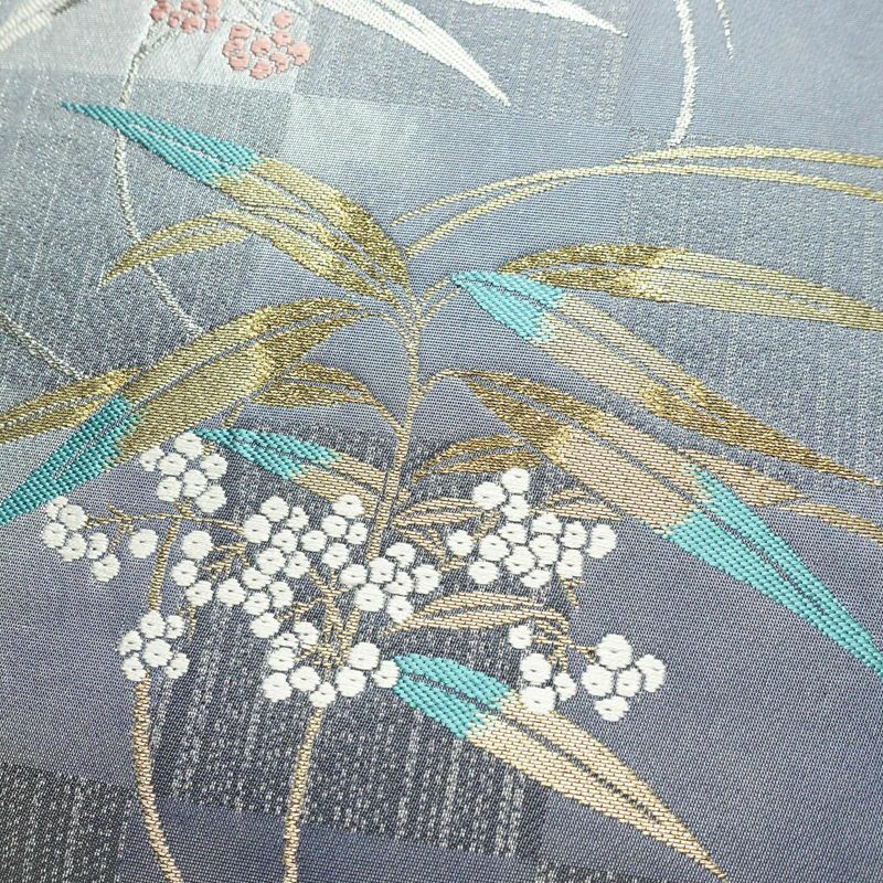 袋帯 六通柄 美品 フォーマル用 正絹 木の葉・植物柄 箔 金糸 銀糸 帯 紫・藤色_画像3