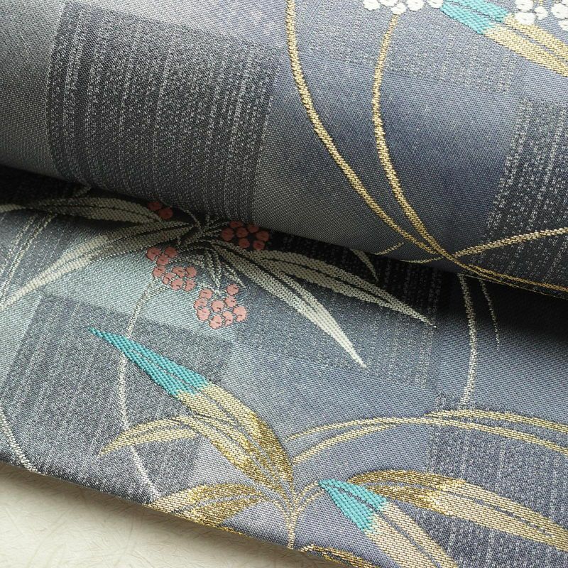 袋帯 六通柄 美品 フォーマル用 正絹 木の葉・植物柄 箔 金糸 銀糸 帯 紫・藤色_画像7