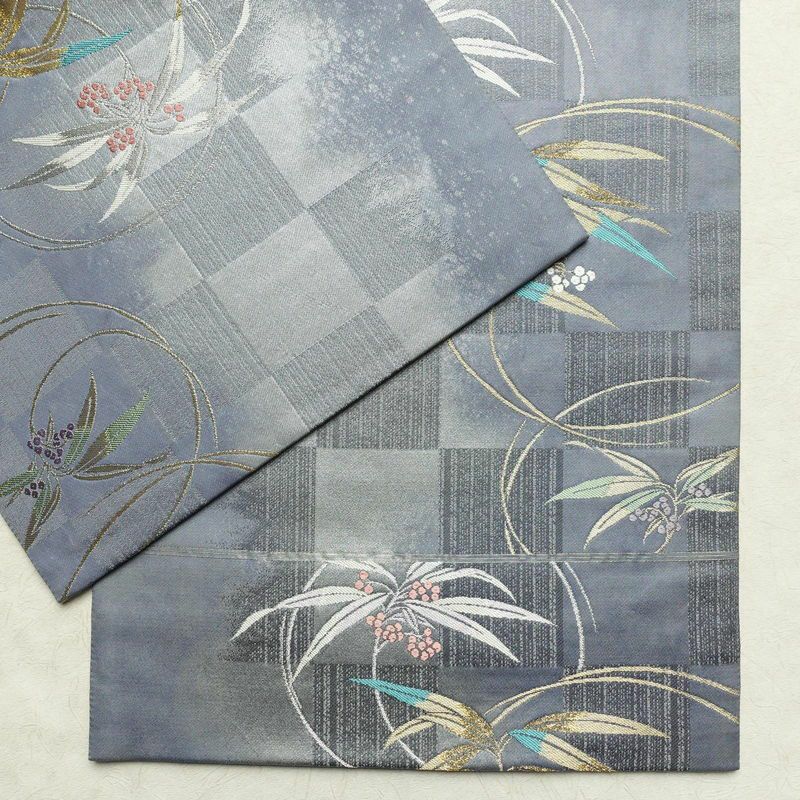 袋帯 六通柄 美品 フォーマル用 正絹 木の葉・植物柄 箔 金糸 銀糸 帯 紫・藤色_画像13