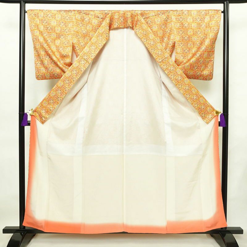 小紋 ポリエステル 幾何学柄・抽象柄 袷仕立て 身丈159cm 裄丈66.5cm 着物 橙_画像3