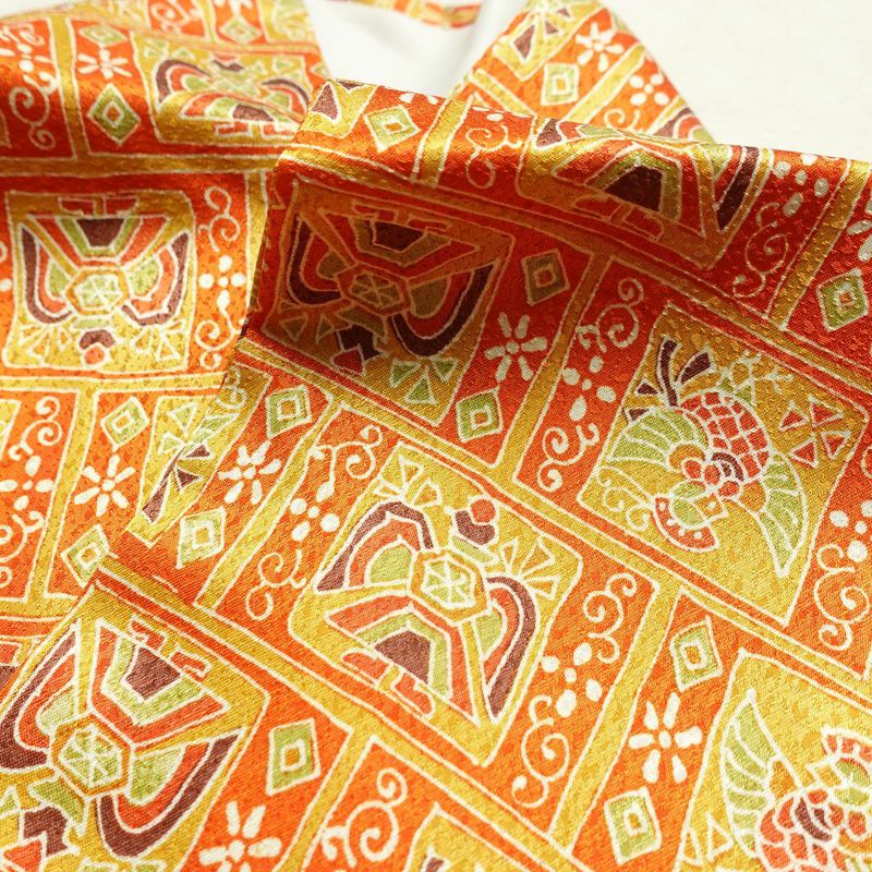 小紋 ポリエステル 幾何学柄・抽象柄 袷仕立て 身丈159cm 裄丈66.5cm 着物 橙_画像15