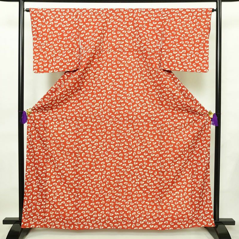小紋 良品 縮緬 総柄 ポリエステル 花柄 袷仕立て 身丈164cm 裄丈64.5cm 着物 赤・朱_画像1