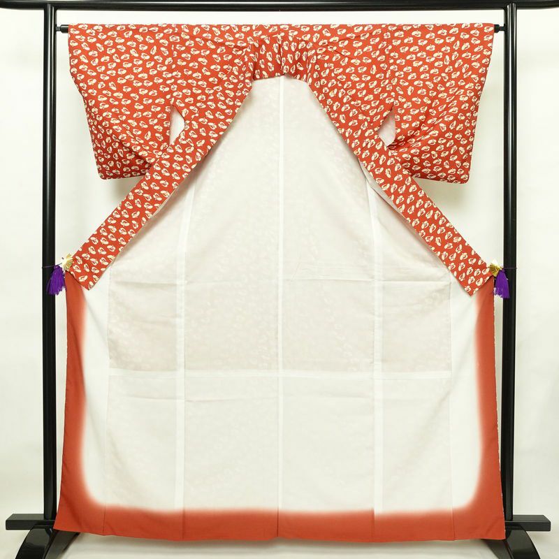 小紋 良品 縮緬 総柄 ポリエステル 花柄 袷仕立て 身丈164cm 裄丈64.5cm 着物 赤・朱_画像4